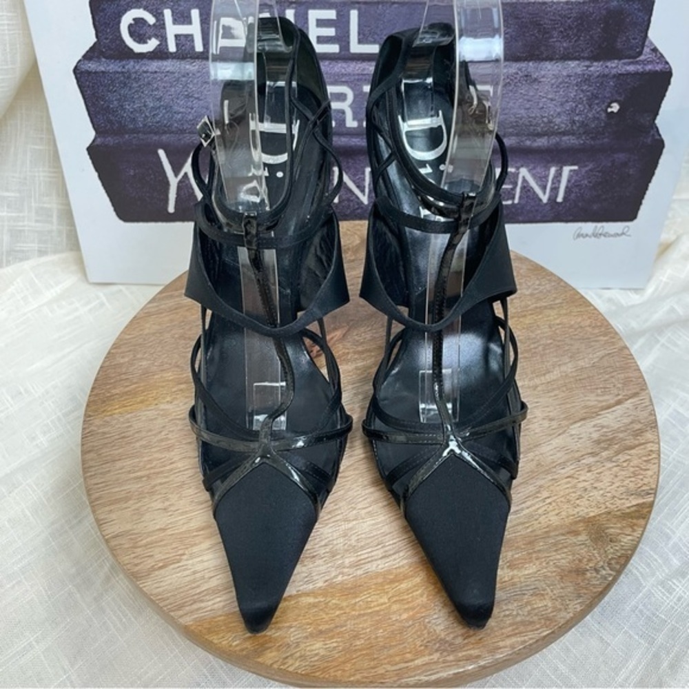 DIOR by JOHN GALLIANO Black Leather& Satin Multistrap Pointed Toe Heels - Picture 2 of 16